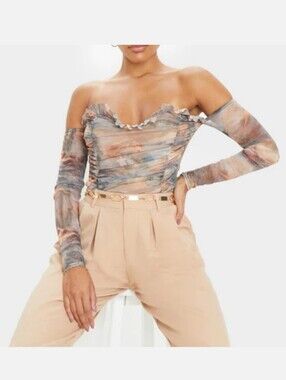 PrettyLittleThing Renaissance Printed Mesh Ruched Bardot bodysuit Women's 12